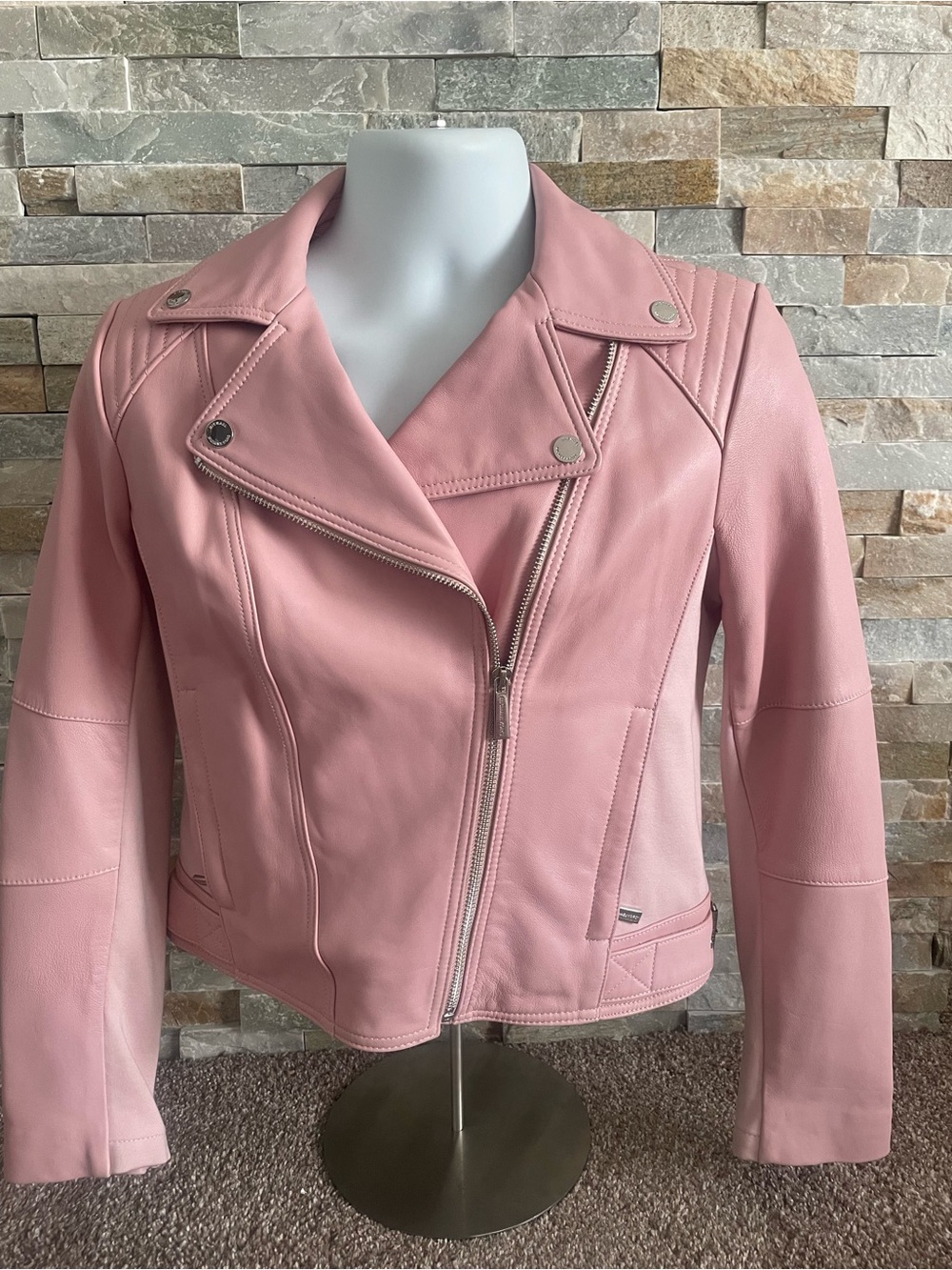 Michael Kors Pink Leather Moto Jacket with Asymmetrical Zip